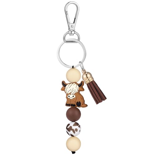 Tondiamo Highland Cow Keychain Highland Cow Party Favors Cute Gifts Animal Keychains with Tassel for Women Men Gifts (Brown,1 Pcs)