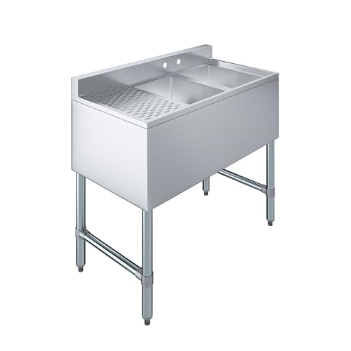 Image of AmGood 36 in. x 19 in. Two Compartment Under Bar Sink With 12 in. Right Drainboard | Stainless Steel Commercial Two Bowls Underbar Sink NSF.