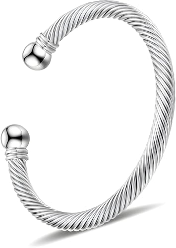 OSIRIDEH2 Stainless Steel Twisted Cable Wire Bracelets Adjustable Open Cuff Bangle Bracelet Vintage Jewelry Gift for Women (silver cable bracelet)