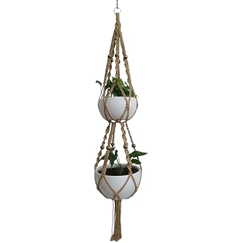 1 PCS 6 Legs Macrame Plant Hanger Jute Double Tiers Plant Hanger & Plant Holder with 6 pcs Round Brown Wood Bead, Hanging Planter 65-inches for 8 inch and 10 Inch Plant Pot (Without Pot) Cover