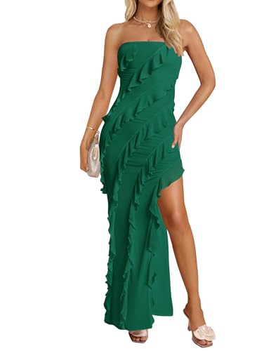Image of ZESICA Women's 2026 Strapless Cocktail Party Bodycon Dress Off Shoulder Mesh Tassel Ruffle Side Split Maxi Long Dresses