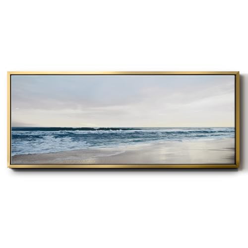 Renditions Gallery Floater Framed Home Decor Ocean Scene with Neutral Colors Painting and Prints Wall Decoration for Bedroom Office Lobby - 24"x60" Gold Frame LT618