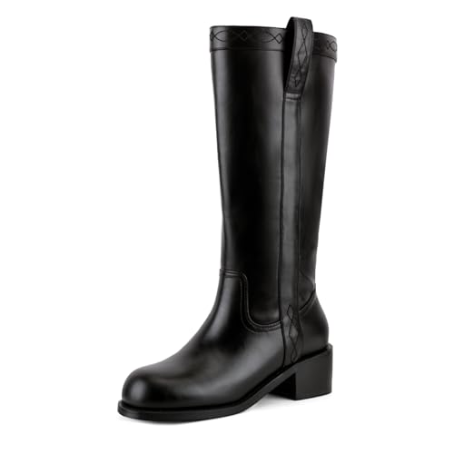 UBWDU Womens Knee High Boots Square Toe Platform Chunky Block Heel Banana Campus Boots Wide Calf Low Heel Riding Tall Booties Black 9