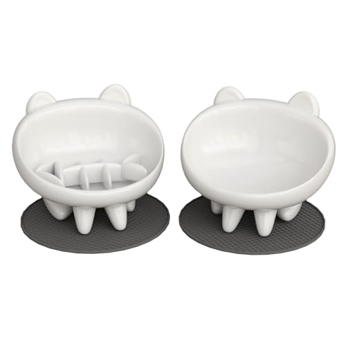 Elevated Slow Feeder Cat Bowls, Anti-Vomiting Tilted Ceramic Bowl with Non-Slip Cat Food Mat, Whisker Friendly Food Dish Bowls are Custom-Designed for Senior Cats and Toy Dog (White)