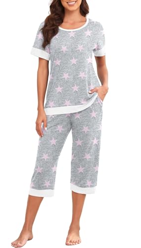 PrinStory-Womens-Pajama-Set-Short-Sleeve-Shirt-and-Capri-Pants-Sleepwear-Pjs-Sets-Lounge-Set PrinStory Women's Pajama Set Short Sleeve Shirt and Capri Pants Sleepwear Pjs Sets Lounge Set - Image 1