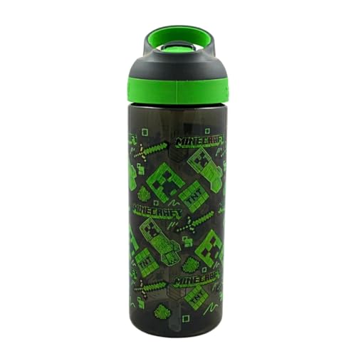 HOX Minecraft Creeper 600ml Drinks Bottle Eco Friendly School Water Bottle + Removable straw Leak Proof BPA-free Plastic Gift for Minecraft fan - Officially licensed Merchandise