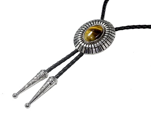 Image of Moranse Bolo Tie with Natural Tiger Eye Stone Celtic Style Genuine and Cowhide Rope