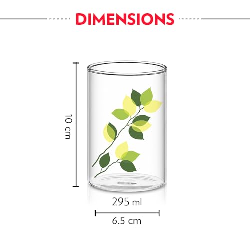 Image of Borosil 295 ml Set of 6 pcs Green Leaves Vision Transparent Glass | Cold Drink Tumbler, Beer Glass, Juice Glass | Flame Proof Glasses | Microwave & Dishwasher Safe | Glass Drinking Tumbler