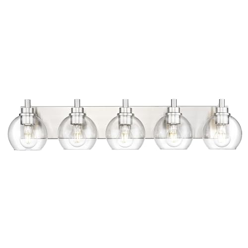 Image of Bathroom Light Fixtures, 5 Light Brushed Nickel Vanity Light, 32 Inch Modern Wall Sconces with Globe Clear Glass Shade, Vanity Lighting Fixtures Over Mirror, VL195-BN-CL-5