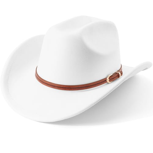 AQOKKA Western Cowboy Hats for Women Classic Felt Wide Brim Fedora Hat with Belt Buckle Retro Panama Hat Unisex Rolled up Cap