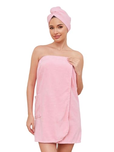 Rosyline Women Bath Towel Wrap Adjustable Closure Bathrobe With Hair Towel Pink L