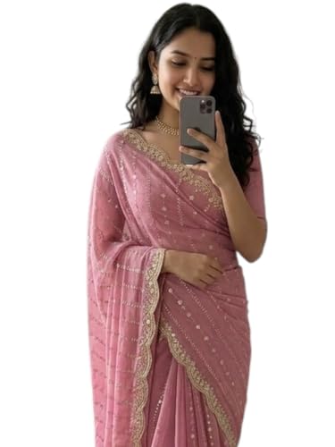 Image of RADHA Women's Embroidery Work Saree with Designer Border for Festive and Traditional Ethnic Drape Saree with Detailed Thread Style Pattern and Elegant Occasion Look