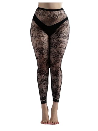 OYOANGLE Women's Lace Fishnet Footless Tights See Through Pantyhose High Waisted Sheer Leggings