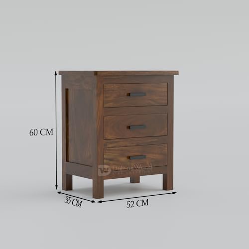 Image of DRIFTINGWOOD Roovi Solid Sheesham Wood Bedside Table with 3 Drawers | Wooden Nightstand & Side Table for Bedroom (Walnut Finish)