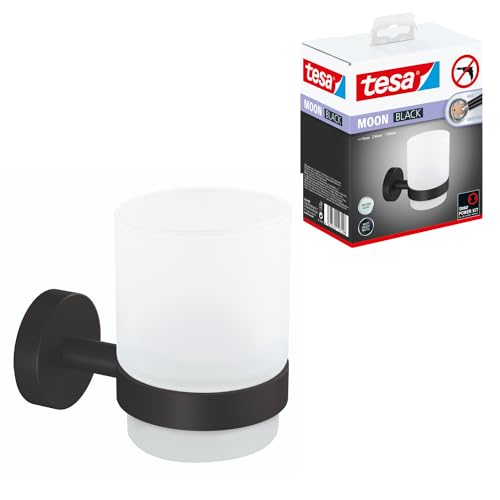 tesa Moon Black Zahnputzbecher aus satiniertem Glas mit Halter, matt schwarz - für Bäder im Industrial Style und Moderne Badezimmer - bohrfrei, inkl. Klebelösung - 70 mm x 96 mm x 109 mm