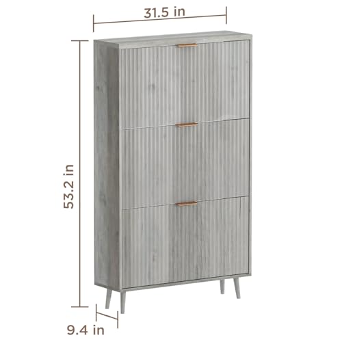 Image of Shoe Cabinet Storage,Modern Freestanding Organizer with 3 Flip Drawers,Narrow Shoe Rack Cabinet for Entryway,Grey
