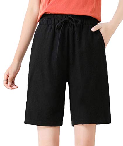 Short feminino casual solto com cordão de cor sólida da da KLJR, Preto, Medium