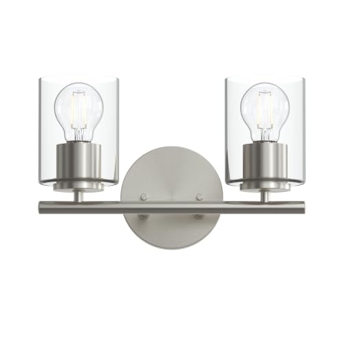 Image of Progress Lighting Replay 13 Inch 2-Light Vanity Light, Transitional, Brushed Nickel with Clear Glass Shades, (7.875 inch H x 13 inch W x 6 inch D), P300582-009