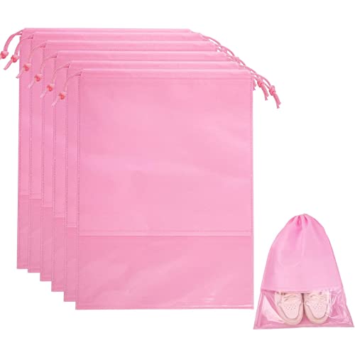 6 Pcs Travel Shoe Bags, ULIFEMALL Large Non-Woven Drawstring Shoes Storage Bag with Transparent Slot Clear Window Portable Waterproof Dustproof Shoes Pouch Packing Organizer for Men Women, Pink