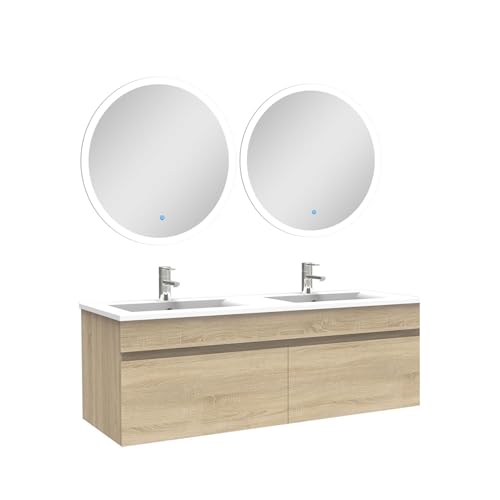 AICA Ensemble Meubles Salle de Bain Double Vasque 120cm + Miroir Lumineux Chêne Wotan