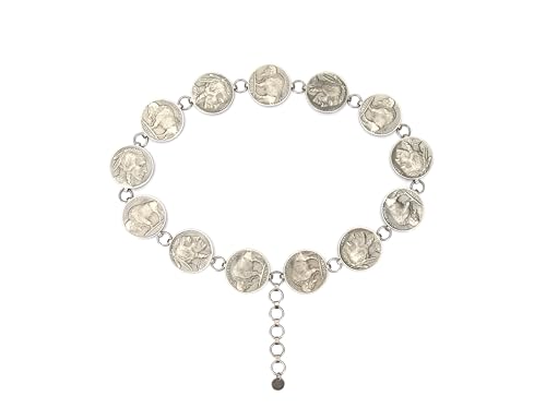 M CNBOME Women's Antique Silver Western Cowboy Carved Round Buckle Chain Belt Adjustable Metal Belt (Medium)