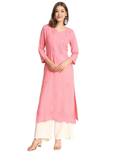 Image of VAIRAGEE Women's Embroidered Lukhnavi Chikankari Work Straight Rayon Ethnic Kurta | Casual Office Kurta for Women