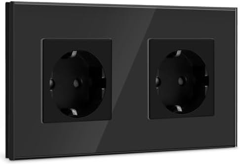 BSEED Doppelwandsteckdose, Schwarz, Schuko-Steckdose mit Glasplatte, 16 A, 250 V, Verlängerungssteckdosen für Küche, Schlafzimmer, Büro, Hotel usw