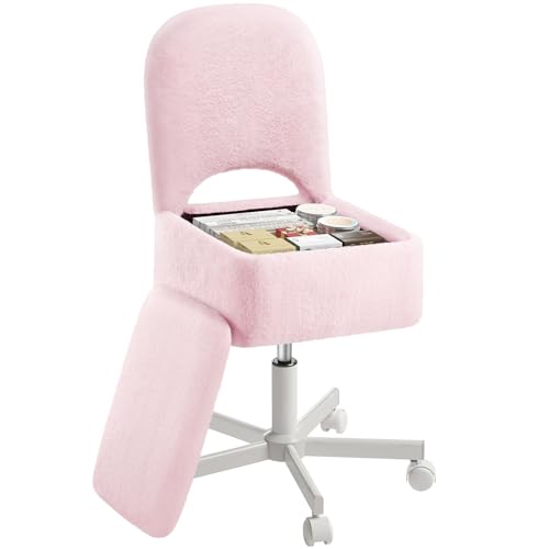 Rolanstar Furry Vanity Chair with 13.5L Storage & Wheels, Comfy Office Chair with Adjustable Height, Swivel Dressing Table Stool for Home Office, Bedroom, Makeup Room (Pink, Large)