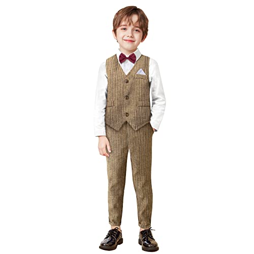Yilaku Trajes Niños Vestido Formal Conjunto de Chaleco 4 Piezas Camisa de Manga Larga para Niños + Chaleco de Caballero + Pajarita + Pantalones Elegantes Ropa Trajes 3-7 años