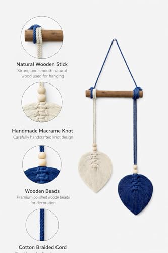 Image of AdFashionble Boho Macrame Wall Hanging Leaf Decor for Home, Living Room & Bedroom | Cotton Thread Art with Wooden Rod | Minimalist Handmade Wall Decoration | Aesthetic Nordic Wall Art for Home, Office & Gift Purpose (BLUE & OFFWHITE)