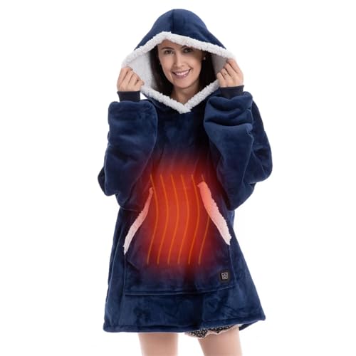 Image of CAIYZH USB Heated Wearable Blanket Electric Hooded Blanket With 3 Heating Levels, Fleece Wearable Fluffy Hooded Blanket Warm Throw Blanket Sweatshirt Robe For Adults(Navy Blue,Built-in Button)