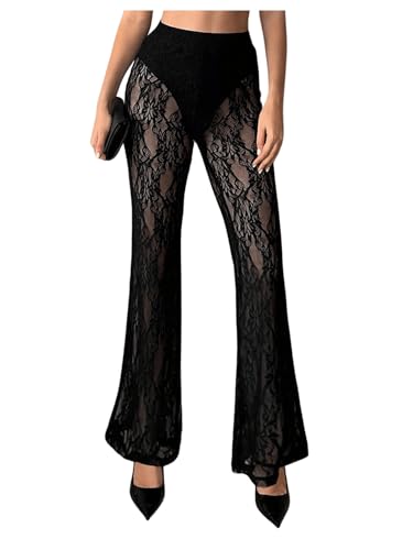 MakeMeChic Women's Lace Pants Sexy Sheer Bell Bottoms Y2k High Waisted Flare Pants
