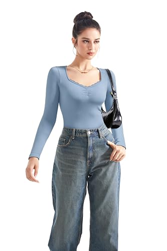 Image of SUUKSESS Women Sweetheart V Neck Long Sleeve Tops Lace Trim Ribbed Modal Fall Going Out Shirts