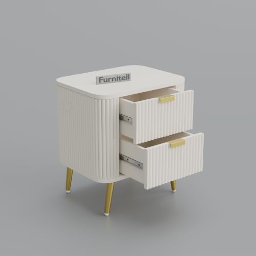 Image of Premium HDMR Wood Bedside Table with 1 Drawer & Open Storage Shelf, Fluted Nightstand with Golden Legs for Bedroom, Modern End Table, for Living Room, White Finish (18 x 14 x 18 Inch)