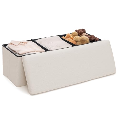 LUSIMO 43" Boucle Folding Storage Ottoman Bench White