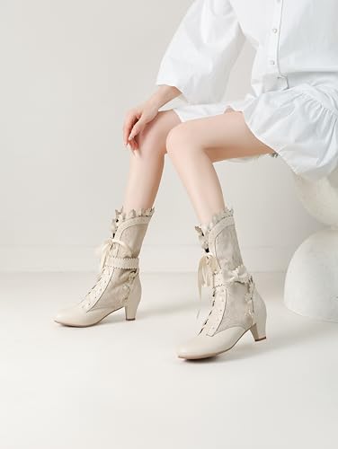 Women Victorian Boots Chunky Heels Lace up Cute Bow Knot Cosplay Costumes Witch Medieval Renaissance Mid-Calf Goth Boots Vintage Gothic Character Dance Kawaii Lolita Shoes4