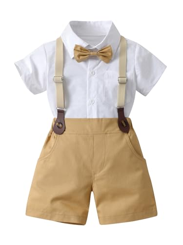 Image of Boarnseorl Baby Boys Gentleman Outfits Shorts Sets,Infant Shirt + Shorts + Bow Tie + Suspenders