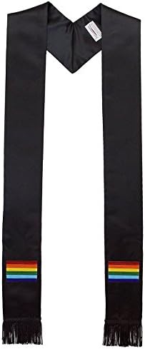 Rainbow Pride Flag Black Satin Clergy Stole, Bordered, Embroidered and Fringe [ Made in USA ]