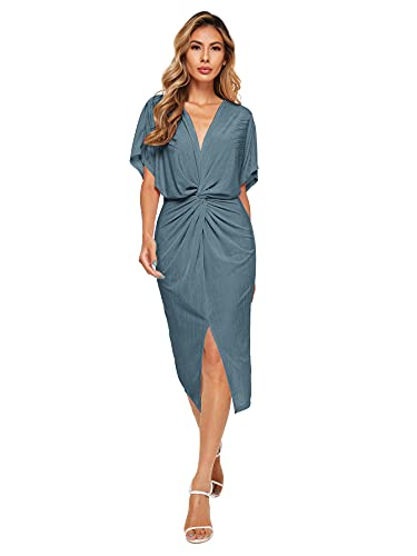Floerns Women's Short Sleeve V Neck Twist Front Split Midi Dress Dusty Blue M #TOP4