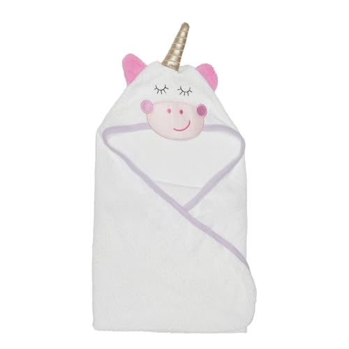 Image of EVERYDAY KIDS Hooded Baby Toddler Bath Towel for Girls - 3D White Unicorn Towel with Horn; Soft and Absorbent Terry Cloth Hooded Towel for Young Kids; Baby Girl Bath Essential