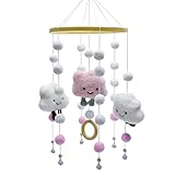 Móviles para Bebé, Carillón de viento, Aolkee Movil Cuna Bebe con muñecos de nube, bolas de fieltro, colgante para cama de bebé, Bebé Móvil Colgante Decoración para Cuna, Rosa