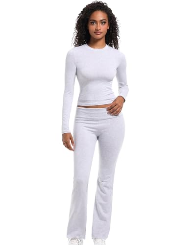 LUXURY-VITA Long Sleeve Lounge Sets for Women Fitted y2k Tank Top Wide Leg Fold Over Flare Pants Yoga Tracksuit Cotton Pajama Matching Set