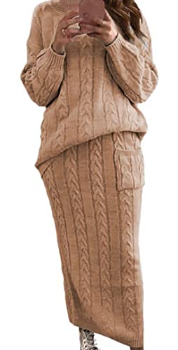 Image of chouyatou Women Winter Casual Chunky Cable Knit Long Pencil Skirt 2 Piece Outfit Oversized Pullover Sweater Sets