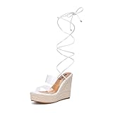 ZodyBoer Womens Espadrilles Wedges Sandals Open Toe Lace Up Platform Wedge Heels Clear Strap Summer Dress Shoes, White Size 8