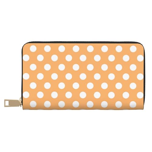 Peach Polka Dot Print Wallet Women Men, Long PU Leather Wallets for Women, Cute Womens Travel Wallet Purse Pouch with Zipper Pocket