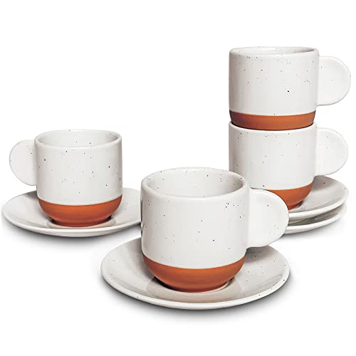 Mora Ceramic Mini Espresso Cups Set of 4, 3oz - Tiny Italian Inspired Mugs With Saucers For Small Shots of Coffee - Modern Boho Style For Any Kitchen or Cafe. Microwave Safe Porcelain - Vanilla White