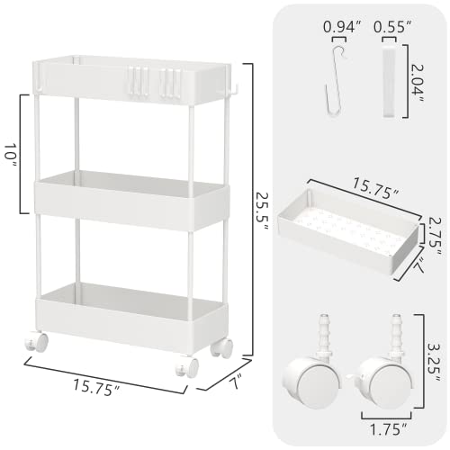 Caxxa 3 Tier Slim Mobile Utility Cart Rolling Cart,Plastic Basket Storage Organizer, For Kitchen Laundry Bathroom Living Room Narrow Place Slide Out Storage Cart With Casters (White, 15.75Lx7W) #TOP3