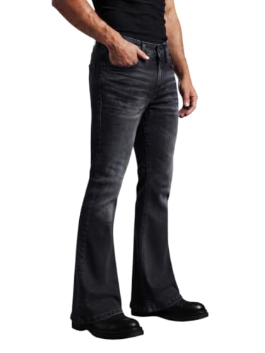 Image of Men's Flare Bootcut Jeans, Dark Grey Washed Denim | Retro Bell Bottom, 5-Pocket Style, Stretch Denim, Slim Fit Thigh, Casual Wear