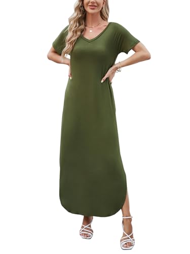 HUSKARY Women's Summer Maxi Dress Casual Loose Pockets Long Dress Short Sleeve Split Maxi Dresses