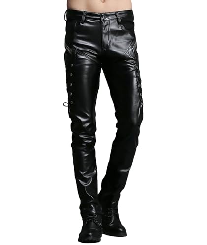 xxxiticat Men's Faux Leather Pants Low Rise Side Bandage Lace Up Rock Steampunk Motorcycle Slim Black PU Leather Trousers2